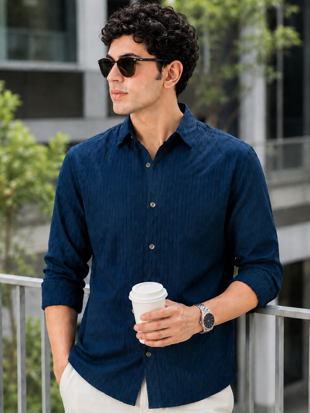 Men's Blue Cotton Full Sleeve Regular Fit Textured Shirt with Spread Collar