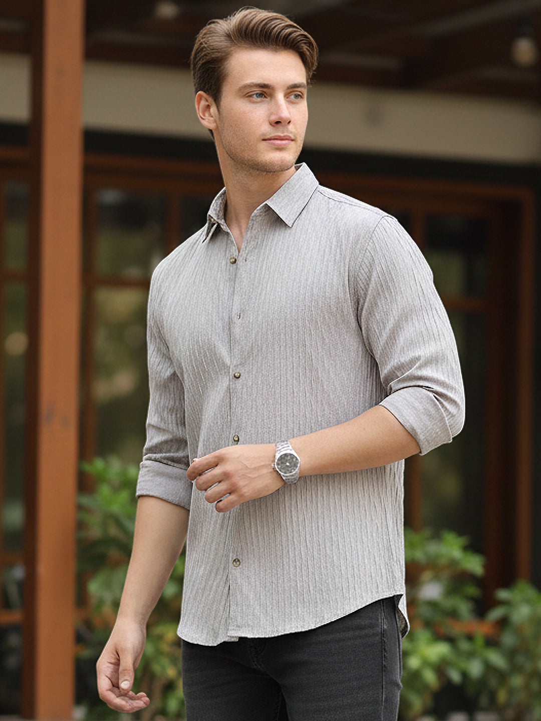 Men's Ice Grey Cotton Full Sleeve Regular Fit Textured Shirt with Spread Collar