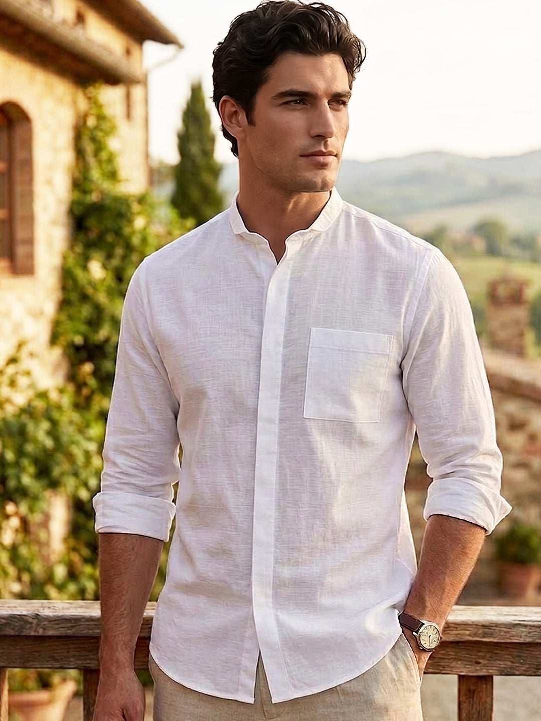 Men's White Cotton Full Sleeve Regular Fit Casual Solid Shirt with Band Collar