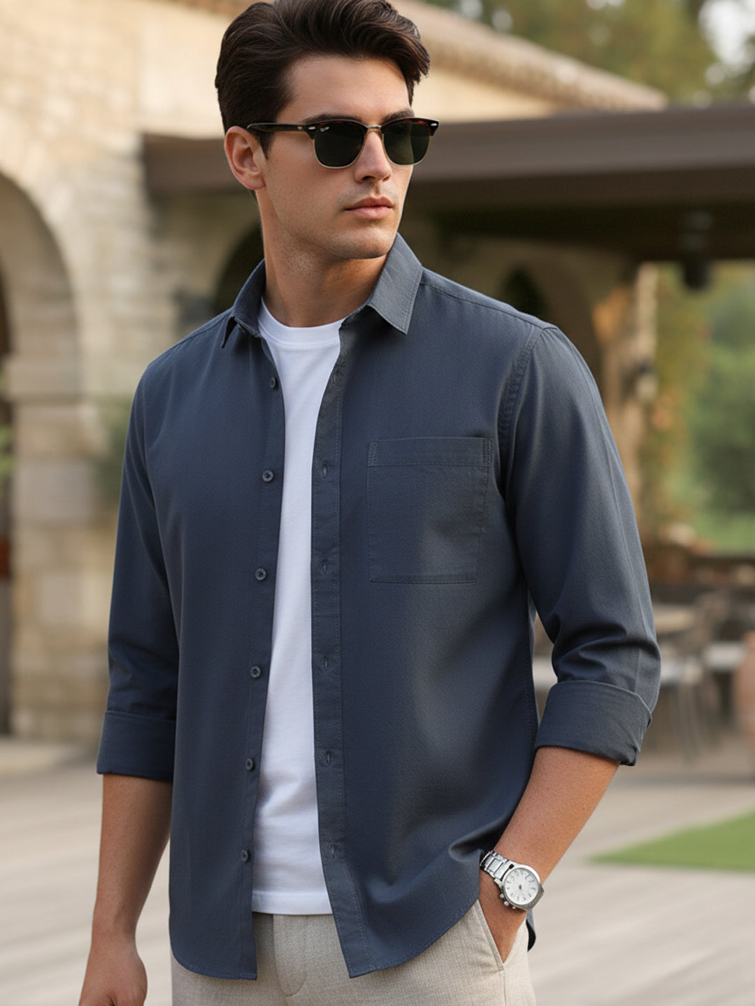 Men's Slate Blue Cotton Full Sleeve Regular Fit Casual Solid Shirt