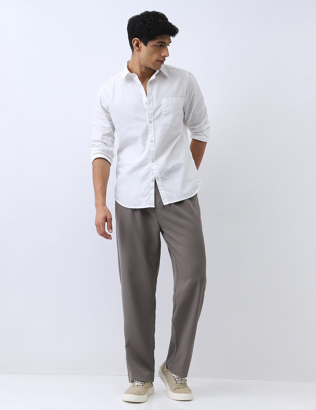 Men's White Cotton Full Sleeve Regular Fit Casual Solid Shirt