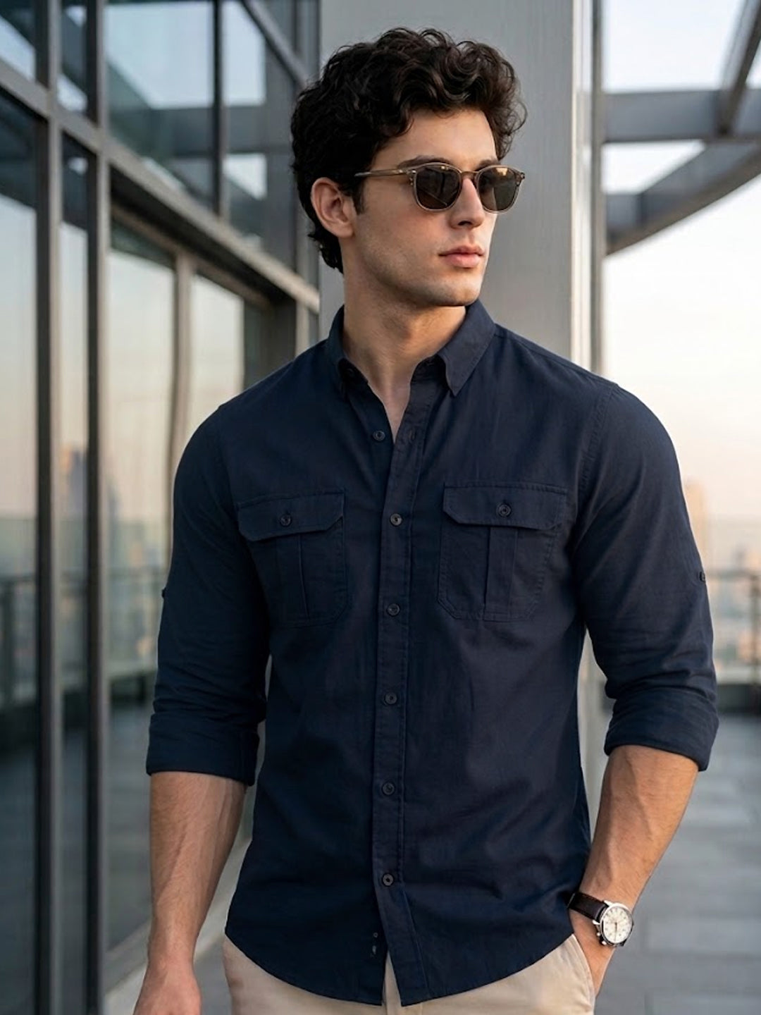 Men's Navy Cotton Full Sleeve Regular Fit Casual Solid Shirt