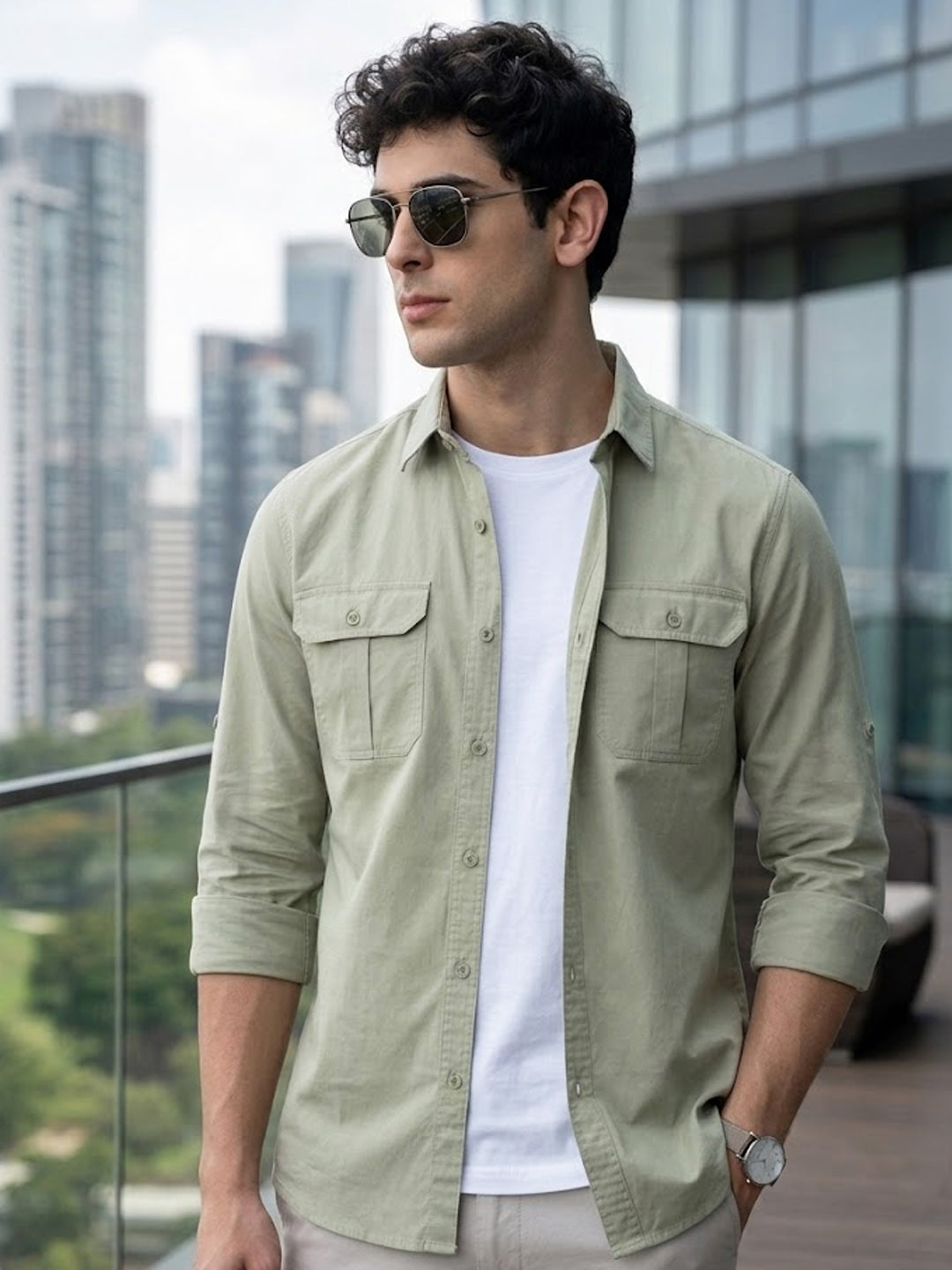 Men's Olive Cotton Full Sleeve Regular Fit Casual Solid Shirt
