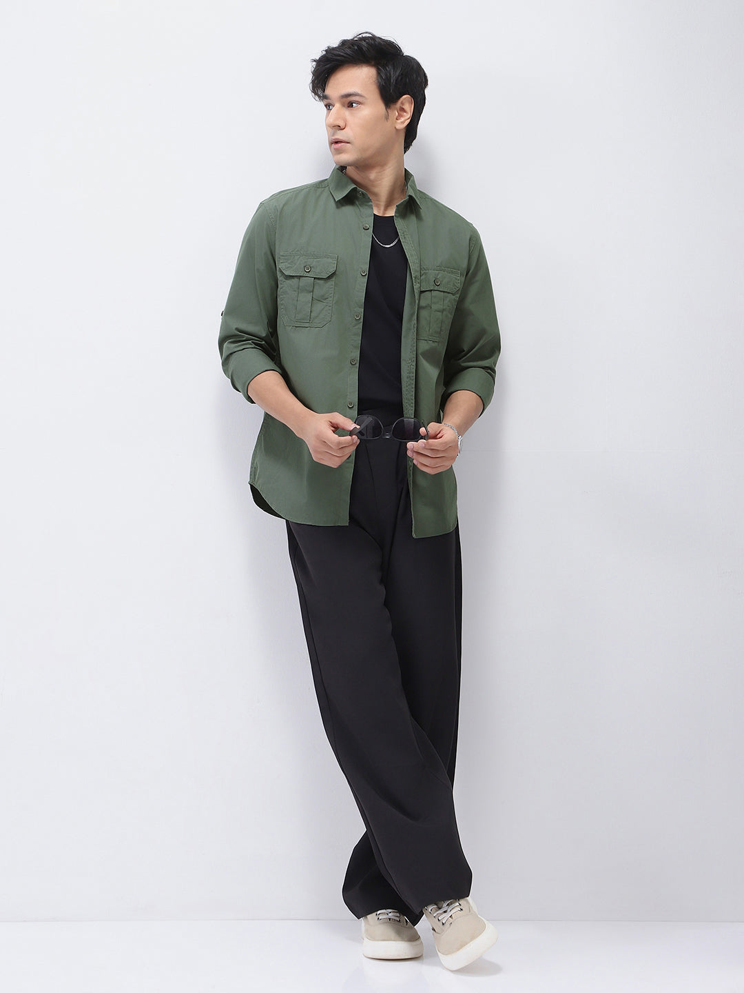 Men's Sage Green Cotton Full Sleeve Regular Fit Casual Solid Shirt